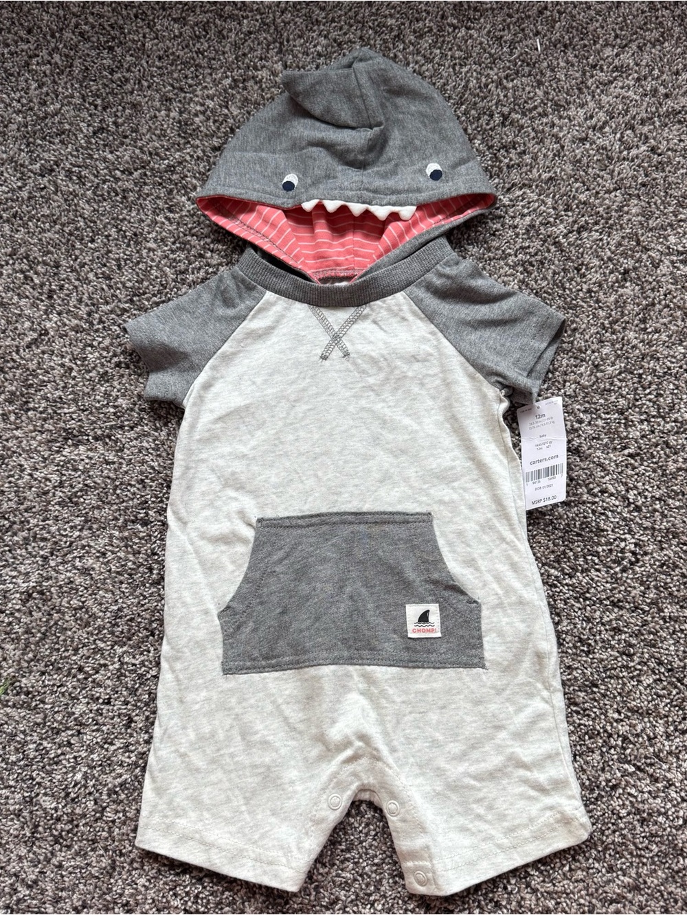 NEW Carter's Two-Tone Gray Shark Romper with Hood